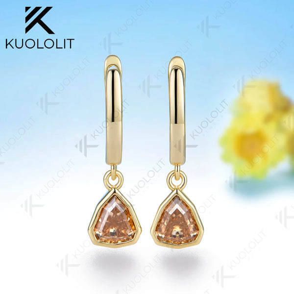 Kuololit 2CT Champagne Moissanite Earrings for Women Solid 14K 10K Yellow Gold Shield Cut Earrings for Christmas Gifts Party