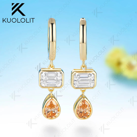 Kuololit 3.6CT Champagne Moissantie or Lab Pink Sapphire Necklace Earrings for Women Solid 14K 10K 585 Yellow Gold Hoop Earrings for Christmas Gift