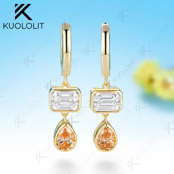 Kuololit 3.6CT Champagne Moissantie or Lab Pink Sapphire Necklace Earrings for Women Solid 14K 10K 585 Yellow Gold Hoop Earrings for Christmas Gift