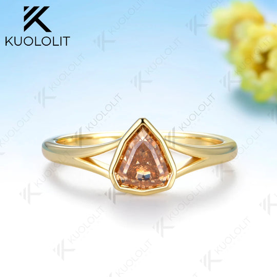 Kuololit 1CT Champagne Moissanite Shield Cut Ring for Women Solid 14K 10K Yellow Gold Engagement Ring for Christmas Gift Party