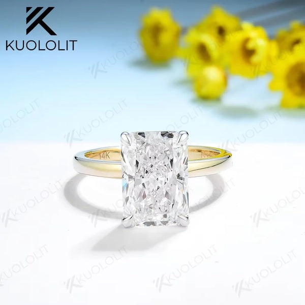 Kuololit 4CT Moissanite Rings for Women Two Tone Color Solid 14K 10K 585 Yellow Gold  Radiant Cut for Wedding Engagement Classic