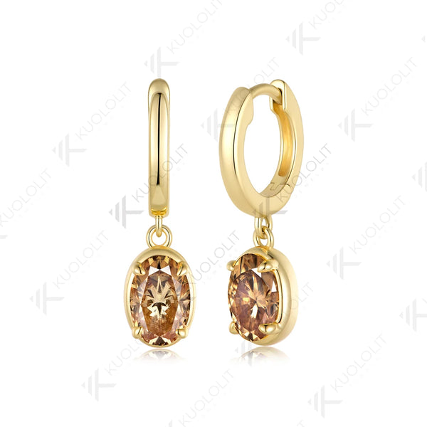 Kuololit 3.6CTW Champagne Moissanite Clip Earring for Women Solid 14K 10K Yellow Gold Oval Cut Earring for Christmas Gifts Party