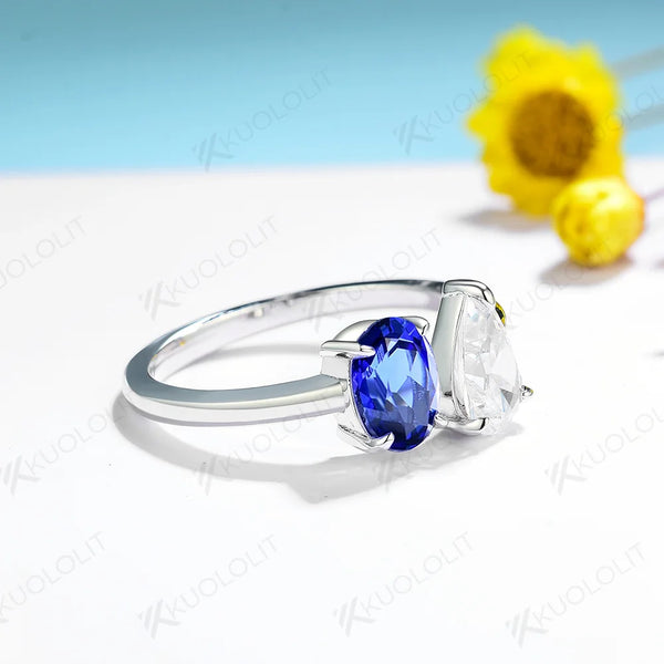 Kuololit 2CTW Pear Moissanite Lab Blue Sapphire Rings for Women Solid 18K 14K Yellow Gold Gemstone Ring for Engagement Christmas