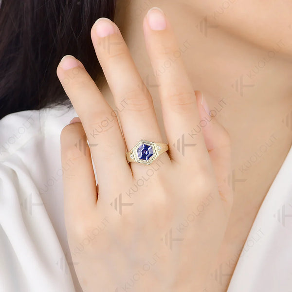 Kuololit 2CT Lab Grown Blue Sapphire Moissanite Custom Ring for Women Solid 14K 10K Yellow Gold Ring for Anniversary Christmas