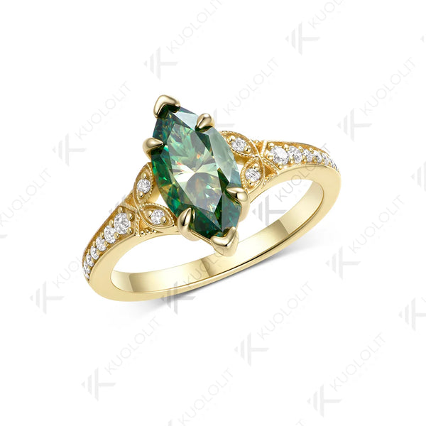 Kuololit 2CT Cyan Moissanite Custom Ring for Women Solid 14K 10K 585 Yellow Gold Marquise Cut for Christmas Gifts Engagement