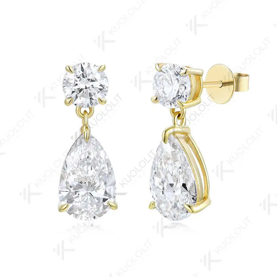 Kuololit 4CTW Moisssanite Stub Earrings for Women Solid 18K 14K 10K 585 Yellow Gold Pear Cut Clip Earring for Christmas Gift