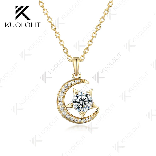Kuololit IGI 1.2CT Moon Star Lab Grown Diamond Necklace for Women Solid 10K 14K Gold Diamond Pendant for Engagement Christmas