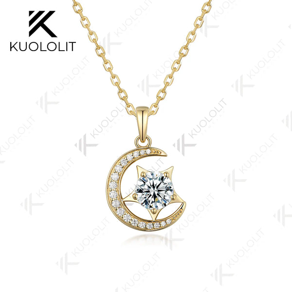 Kuololit IGI 1.2CT Moon Star Lab Grown Diamond Necklace for Women Solid 10K 14K Gold Diamond Pendant for Engagement Christmas