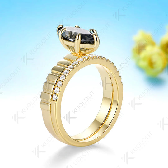 Kuololit 2CT Grey Marquise Moissanite Custom Set Ring for Women Solid 14K 10K 585 Yellow Gold Engagement Ring for Christmas Gift