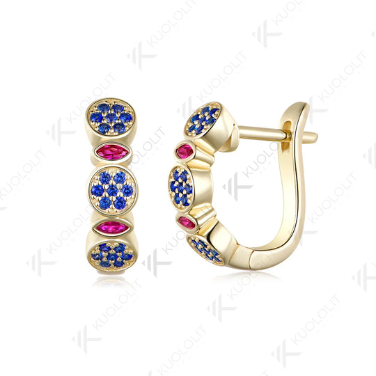 Kuololit 1.1CTW Lab Grow Ruby Blue Sapphire Custom Earrings for Women Solid 14K 10K 585 Yellow Gold for Christmas Gifts Party