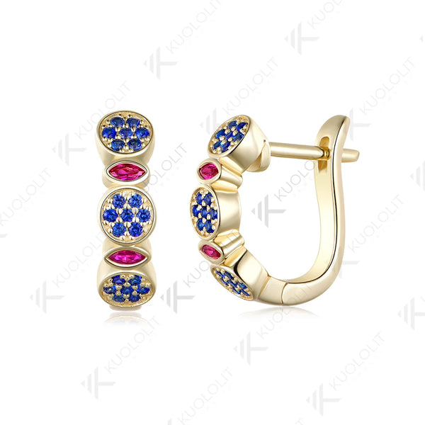 Kuololit 1.1CTW Lab Grow Ruby Blue Sapphire Custom Earrings for Women Solid 14K 10K 585 Yellow Gold for Christmas Gifts Party