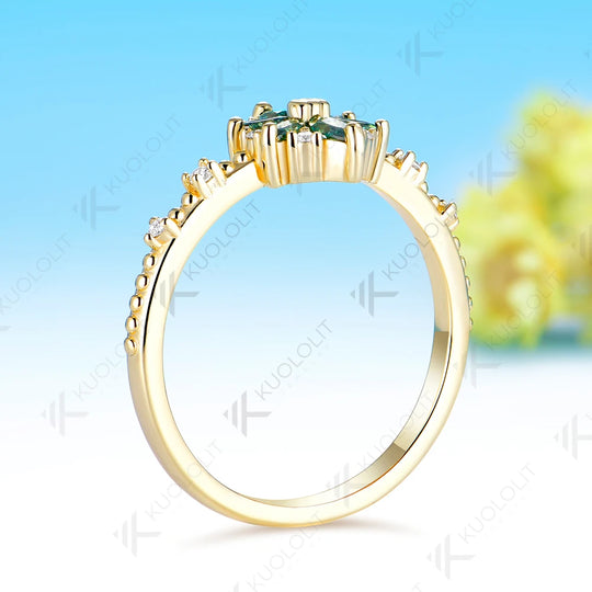 Kuololit 0.5CTW Cyan Moissanite Marquise Engagement Ring for Women Solid 14K 10K 585 Yellow Gold Flower Wedding Band for Christmas Jewelry