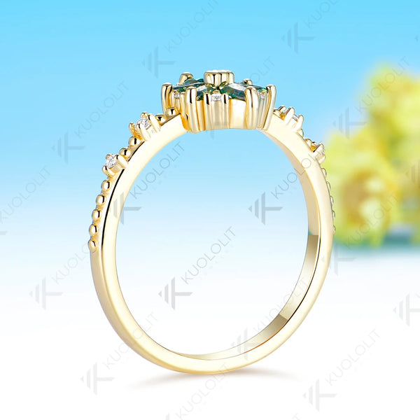 Kuololit 0.5CTW Cyan Moissanite Marquise Engagement Ring for Women Solid 14K 10K 585 Yellow Gold Flower Wedding Band for Christmas Jewelry