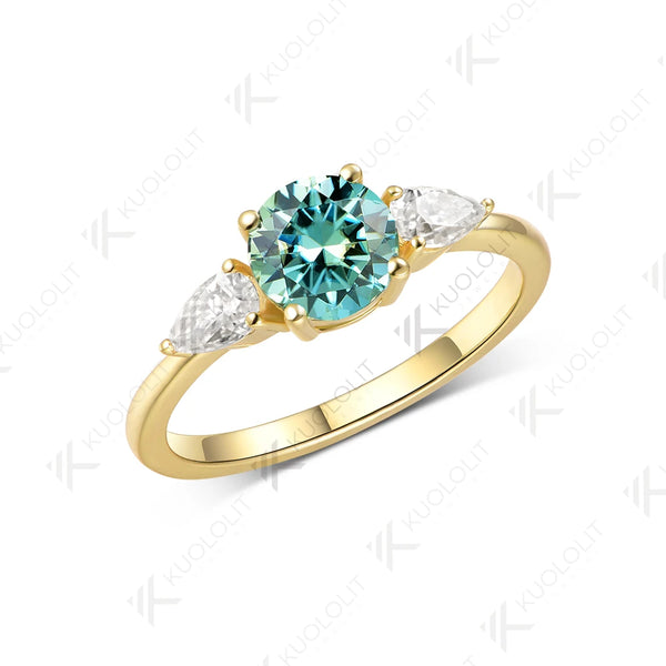 Kuololit 1CT Round Cyan Moissanite Engagement Ring for Women Solid 14K 10K 585 Yellow Gold Ring for Christmas Gifts Party