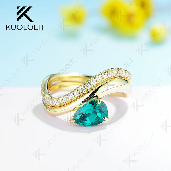 Kuololit 1.5CT Pear Cut Lab Grown Emerald Sets Engagement Rings for Men Women Solid 10K 14K 18K Gold For Wedding Christmas Gift