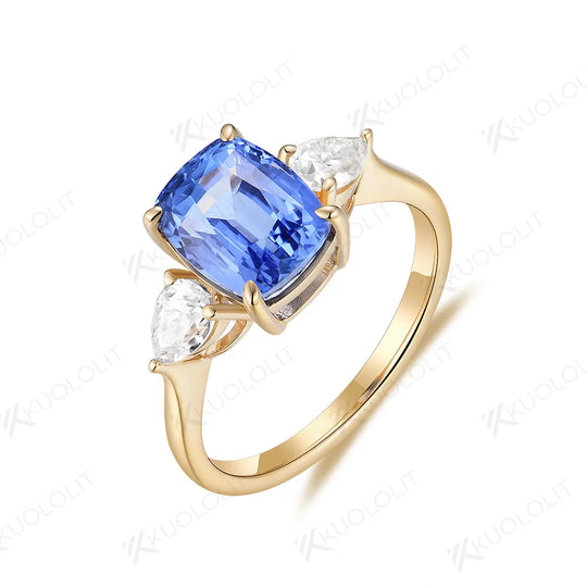 Kuololit 3CT Cushion Lab Grown Blue Sapphire Rings for Women Moissanite Solid 14K 10K 585 Gold for Engagement Wedding Christmas