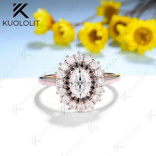 Kuololit 1ct Oval Cut White Moissanite and Balck Moissanite Ring for Women Solid 14K 10K 585 Rose Gold for Engagement Christmas