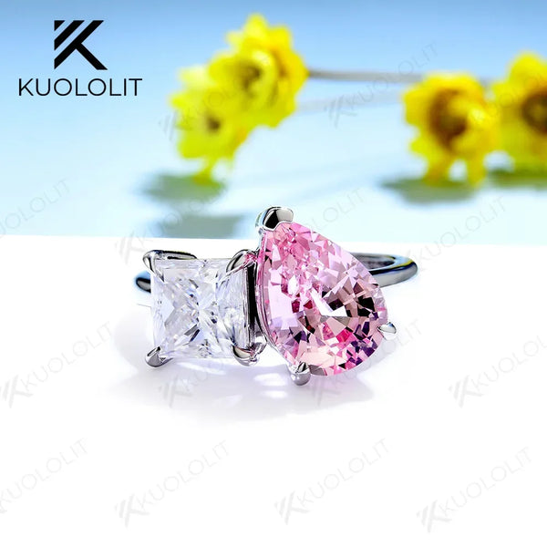 Kuololit Lab Grown Pink Sapphire Pear Cut Rings for Women 18K 14K White Gold Moissanite Princess Cut Ring for Engagement Party