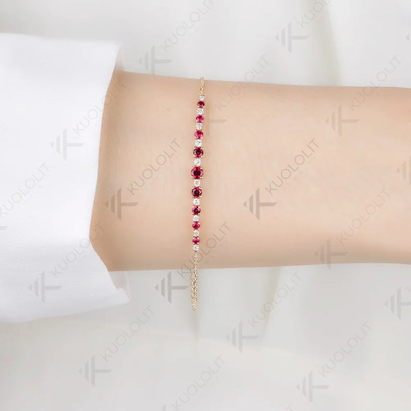 Kuololit 1CTW Lab Ruby Diamond Bracelet for Women Solid 14K 10K Yellow Gold Adjustable Chains for Christmas Party Luxury Party