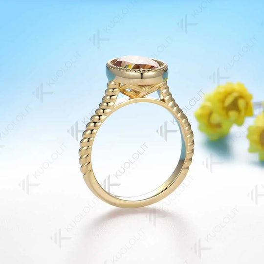 Kuololit 3.5CT Champagne Moissanite Ring for Women Soild 10K 14K Yellow Gold Bezel Set Oval Ring  for Engagement Christmas Gifts
