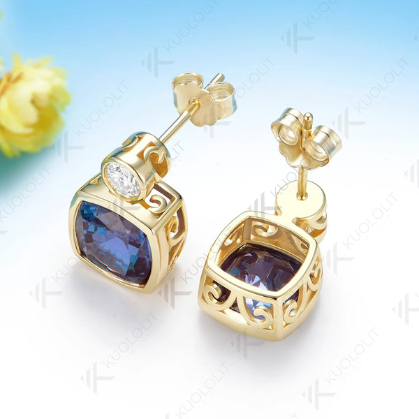 Kuololit 5.4CTW Lab Grown Alexandrite Moissanite Stud  Earrings for Women Solid 14K 10K 585 Yellow Gold Earring for Christmas