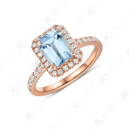 Kuololit 2CT Natural Aquamarine Lab Grown Diamonds Custom Ring for Women Solid 14K 10K 585 Yellow Gold for Christmas Gifts Party