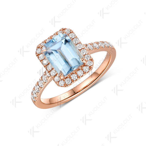Kuololit 2CT Natural Aquamarine Lab Grown Diamonds Custom Ring for Women Solid 14K 10K 585 Yellow Gold for Christmas Gifts Party