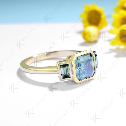 Kuololit 2CT Cyan Moissanite Rings for Women Solid 14K 10K 585 Yelllow Gold Asscher Ring for Engagement Anniversary Engagement