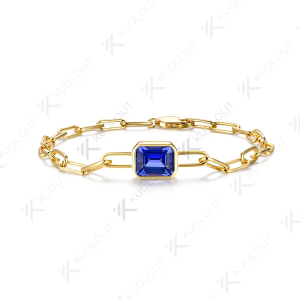 Kuololit 3.6CTW Lab Grown Sapphire Bracelet for Women Solid 14K 10K Yellow Gold Emerald Cut for Christmas Party Luxury Gifts