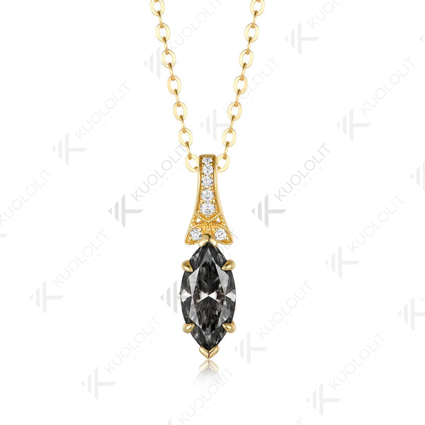 Kuololit 2CT Grey Moissanite Custom Necklace for Women Solid 585 14K 10K Yellow Gold Marquise Necklace for Christmas Gifts Party