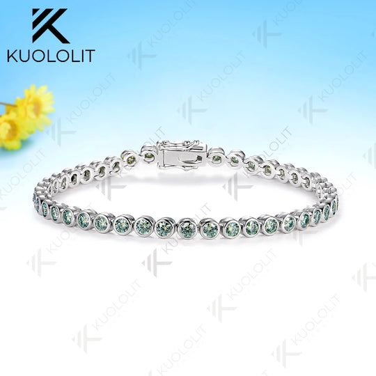 Kuololit Champagne Cyan Moissanite Round 3.0mm Tennis Bracelet for Women Solid 14K 10K 585 White Gold Bracelet for Engagement Christmas Gift