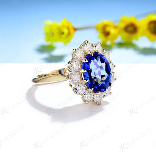 Kuololit Princess Diana 3CT Sapphire Moissanite Ring for Women Solid 14K Yellow Gold Lab-Grown Sapphire for Memory Engagement