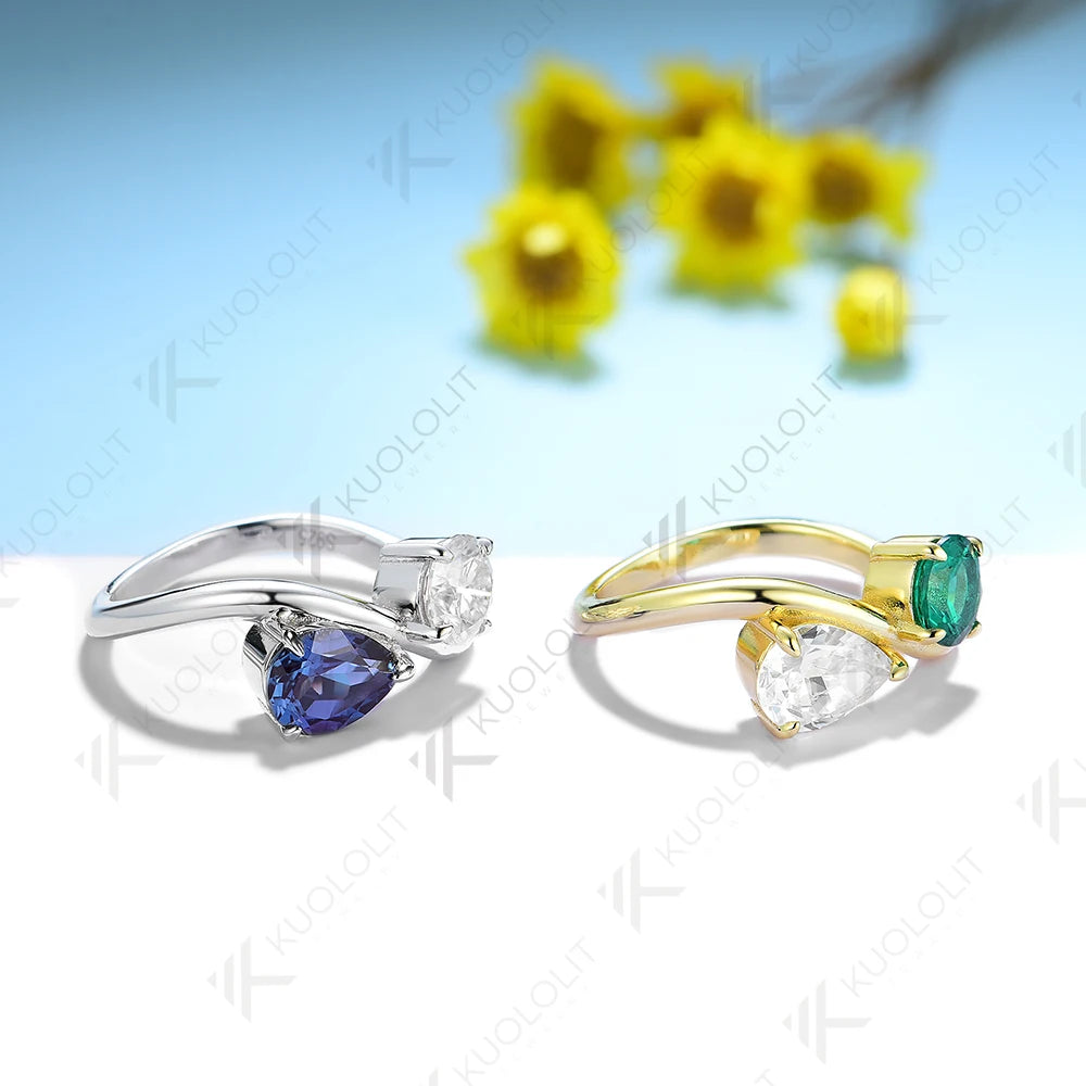 Kuololit 2CTW Lab Grown Emerald Moissanite Ring for Men Women Pure 18K 14K 10K Gold Pear Round Ring for Anniversary Engagement