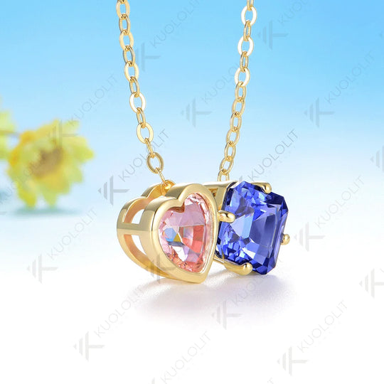 Kuololit 3CTW Lab Grown Blue Pink Sapphire Necklace for Women Solid 14K 10K 585 Yellow Gold Necklace for Christmas Gifts Party