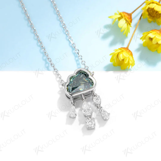 Kuololit 2CT Champagne Cyan Cloudy Moissanite Necklace for Women Solid 14K 10K 585 Rose Gold Wedding Necklace for Christmas Gift