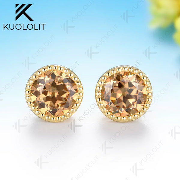 Kuololit 2.4CTW Champagne Moissanite Custom Stud Earrings for Women Solid 14K 10K 585 Yellow Gold  for Christmas Gifts Party