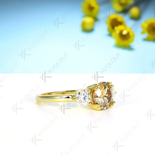 Kuololit 2CT Champagne Moissanite and 0.8ct White Moissanite Rings for Women Round Cut Solitaire Ring for Engagement Wedding