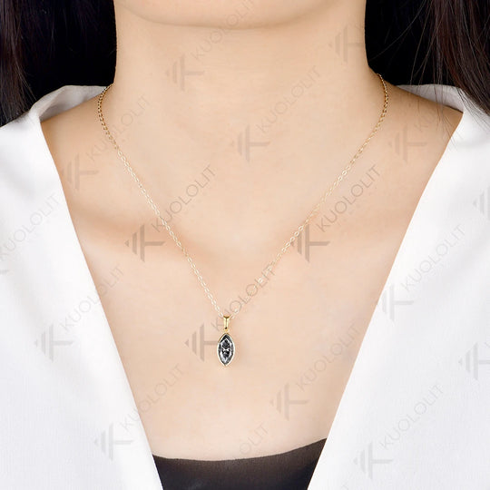 Kuololit 2CT Grey Moissanite Marquise Necklace for Women Solid 14K 10K Yellow Gold  Pedant for Engagement Christmas Gifts New