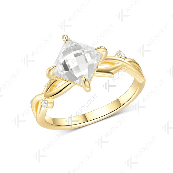 Kuololit 2CT Princess Cut Rose Cut Moissanite Ring for Women Solid 14K 10K 585 Yellow Gold Engagement Ring for Christmas Gifts