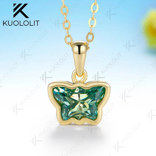 Kuololit 2CT Butterfly Cyan Moissanite Necklace for Women Solid 14K 10K Yellow Gold Animal Pedant for Christmas Party Gifts