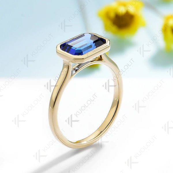 Kuololit 2CT Lab Grown Blue Sapphire Ring for Women Solid 14K 10K 585 Yellow Gold Engagement Ring for Christmas Gifts Party