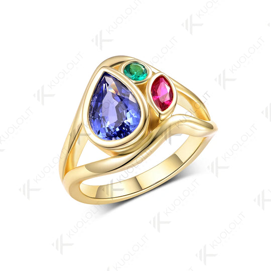 Kuololit 2.4CTW Lab Grown Blue Sapphire Ruby Emerald Moissanite Ring for Women Solid 14K 10K 585 Yellow Gold for Christmas Gifts