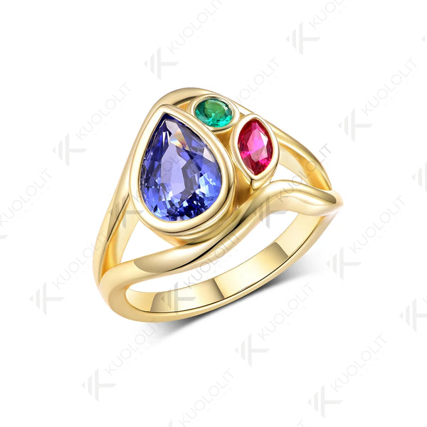 Kuololit 2.4CTW Lab Grown Blue Sapphire Ruby Emerald Moissanite Ring for Women Solid 14K 10K 585 Yellow Gold for Christmas Gifts