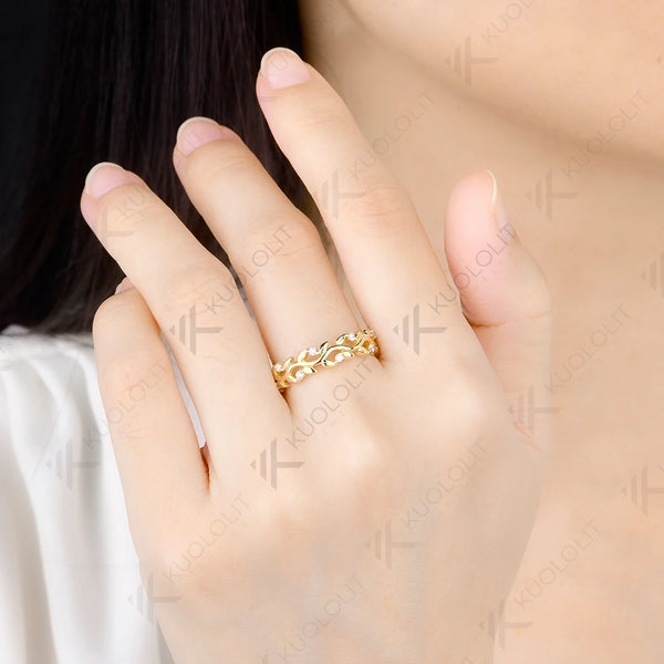 Kuololit  1.7 CTW Lab Diamond Leaf Wedding Band for Women Solid 14K 10K Yellow Gold Eternity Band Ring for Engagement Christmas