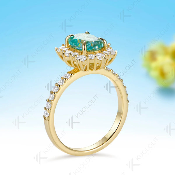Kuololit 2CT Cyan moissanite Oval Ring for Women Solid 14K 10K 585 Yellow Gold Oval Cut Ring for Engagement Christmas Gifts