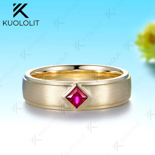 Kuololit Lab Grown Ruby Custom Band Ring for Women Men Solid 14K 10K 585 Yellow Gold 6mm Wedding Band for Christmas Gifts Party
