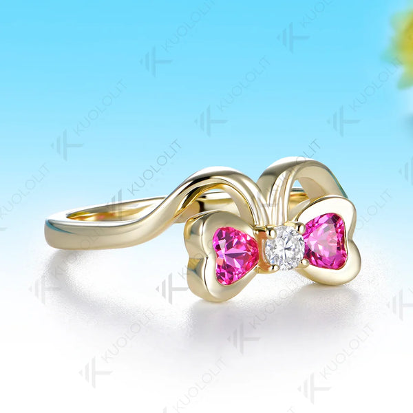 Kuololit 0.7CTW Lab Pink Sapphire Diamonds Heart Custom Ring for Women Solid 14K 10K 585 Yellow Gold for Christmas Gifts Party