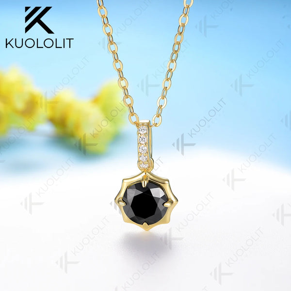 Kuololit 1CT Black Moissanite Necklace for Women Solid 18K 14K 10K 585 Yellow Gold Round Cut Moissanite Penant for Christmas