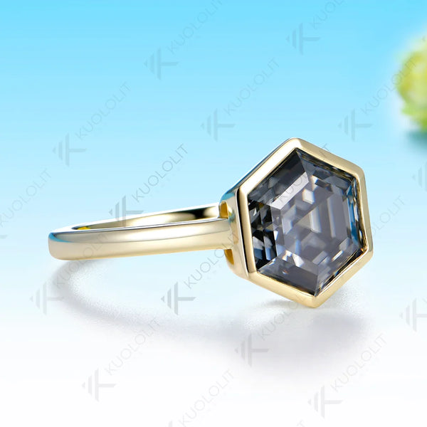 Kuololit 4CT Grey Moissanite Hexagon Cut Custom Set Ring for Women Solid 14K 10K 585 Yellow Gold Ring for Christmas Gifts Party
