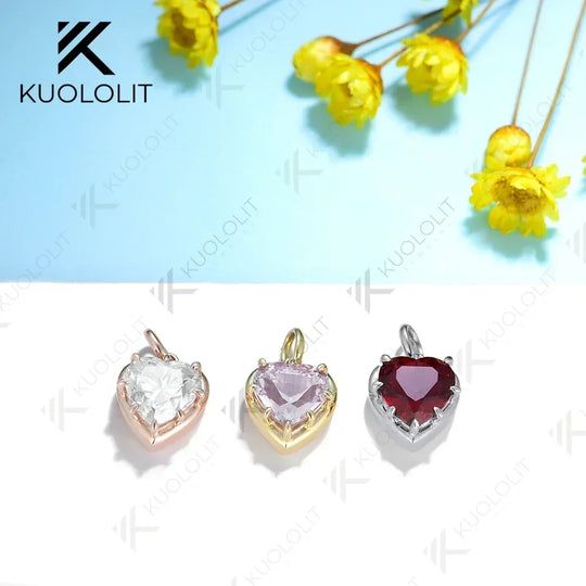 Kuololit Heart Mossanite Gemstone Pendant for Women Solid 14K 10K Gold Lab Grown Emerald Ruby Pink Padparadscha Pendant for Gift